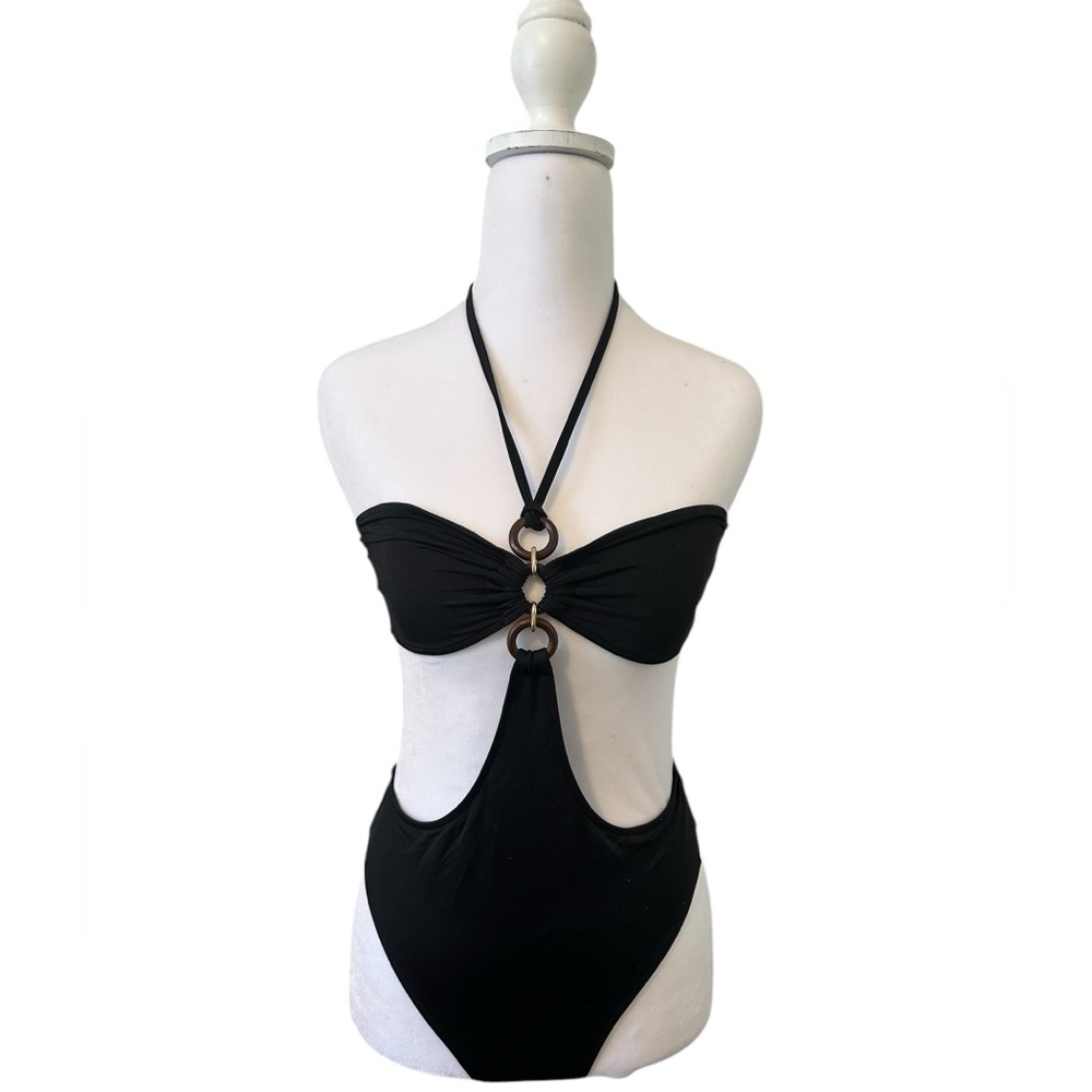 PrettyLittleThing Ring Detail Bandeau Cut Out Swimsuit Black Size 4